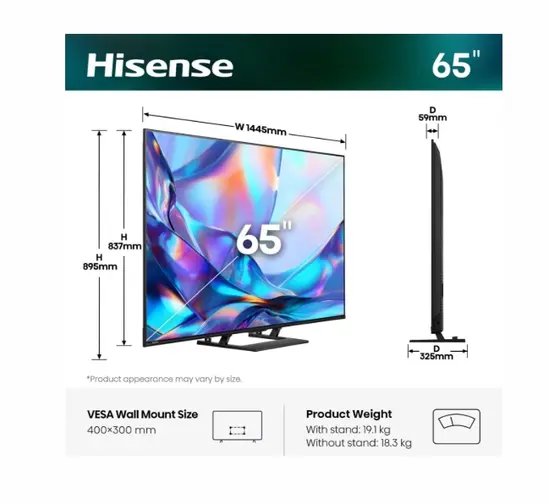 Телевизор Hisense 65" A7S, 4K Ultra HD 3840x2160, QLED, HDR 10+, HLG, Dolby Vision, Dolby Atmos, Smart TV, Light Sensor, WiFi Direct, BT, Anyview Cast, 3xHDMI, 2xUSB, LAN, CI+, DVB-T2/C/S2, Black