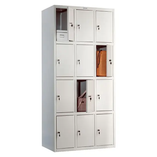 Метален гардероб PMT с 12 отделения 183х85х50 см - сниман отпред, няколко врати отворени, с раници вътре, сив