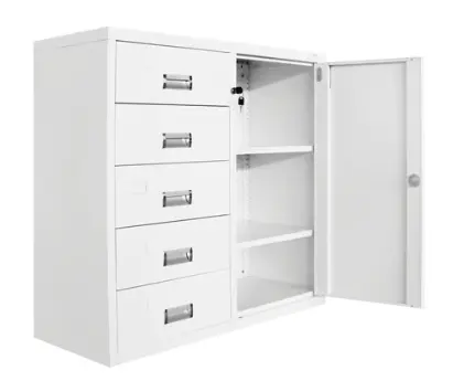 Метален контейнер UG с 5 чекмеджета  - сниман под ъгъл, дясна страна отворена, празен, бял