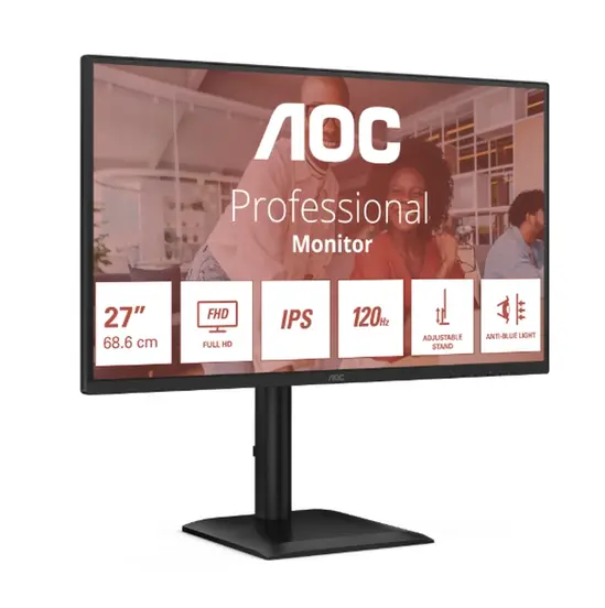 Монитор AOC 27E4U, 27" IPS WLED, 1920x1080@120Hz, 4ms GtG, 300cd m2, 1500:1, 20M:1 DCR, Adaptive Sync, FlickerFree, Anti Blue Light, 2Wx2, Tilt, Height Adjust, Pivot, Swivel, D-SUB, HDMI, USB Hub