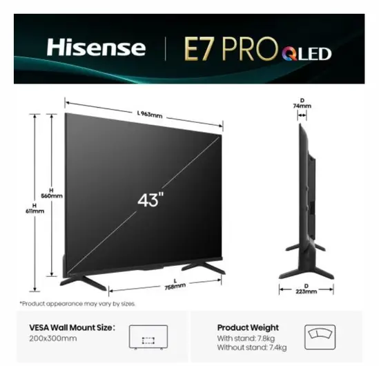 Телевизор Hisense 43" E7Q Pro, 4K Ultra HD 3840x2160, QLED, Quantum Dot, 144Hz, HDR 10+ adaptive, HLG, Dolby Vision, DTS Virtual X, Smart TV, WiFi 5GHz, WiFi Direct, BT, Anyview Cast, 3xHDMI, 2xUSB, LAN, CI+, DVB-T2CS2, Black