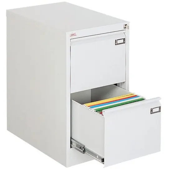 Метална картотека FRT с 2 чекмеджета - сива на цвят, сниман отстрани, с отворено долно чекмедже, напълнено с папки