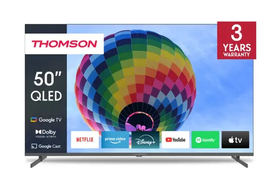 Телевизор Thomson 50" QLED Google TV; 3840 x 2160 (4K UHD), QLED, 60 Hz, DVB-TT2CSS2, HDR10, Wi-Fi, Bluetooth, LAN, HDMI 2 (2.0) + 2 (2.1), USB 2 (2.0) + 1 (3.0), Side Feet, Dark gray