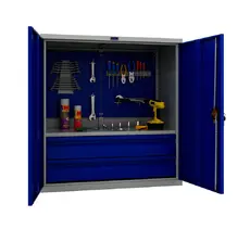 Шкаф за инструменти PMT 1095 - с отворени врати, син на цвят, пълен с отверки и винтоверти