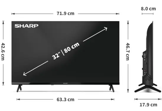 Телевизор Sharp 32HA1205E, 32" LED HD 1366x768 HD Frameless, 100 000:1, DVB-TT2CSS2, Active Motion 100, Speaker 2x8W, Dolby Digital, CI+, 3xHDMI (ARCCEC), 2xUSB, LAN, VideoAudio input (3 x RCA), Hotel Mode, E, 2 pole Stand