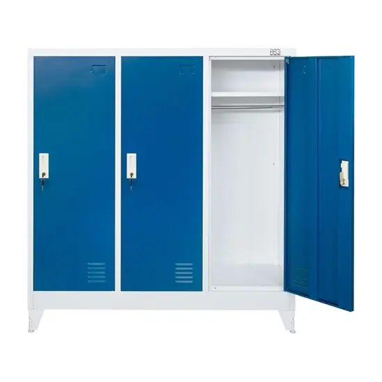 Метален гардероб с 3 отделения 120x40x120 см 4 цвята - син, сниман отпред, дясна врата отворена, празен