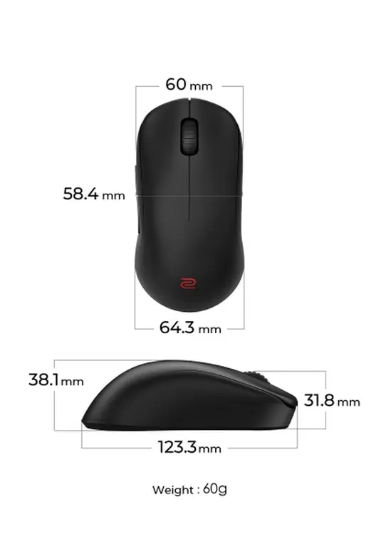 Мишка BenQ ZOWIE U2-DW 4K Wireless Mouse for Esports, Size M, 60g, up to 4000 Hz, up to 3200 DPI, Symmetrical design, Inward-curved both sides for agility during multi-angle movement, Wireless w4K enhanced receiver, Driverless, plug and play