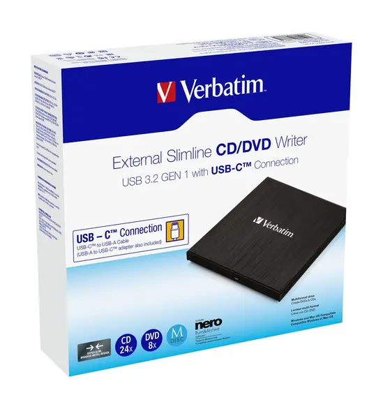 Оптично устройство Verbatim External Slimline CDDVD Writer USB 3.2 Gen 1USB-C