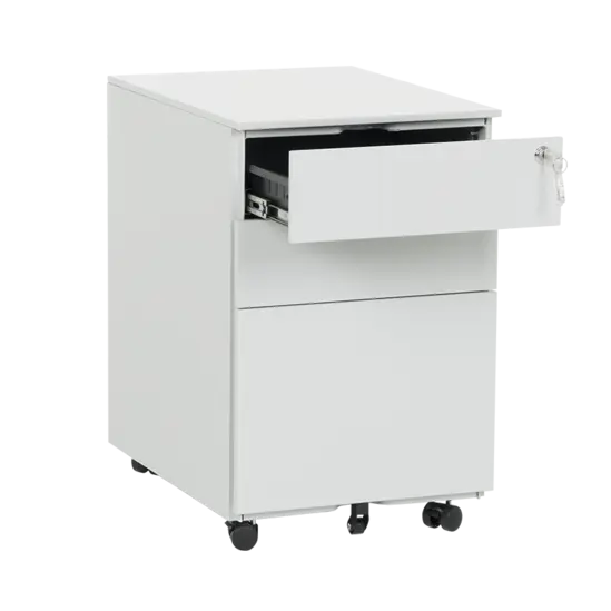 Метален контейнер C BTL с 3 чекмеджета - сниман отстрани, с отворено горно чекмедже, сив цвят