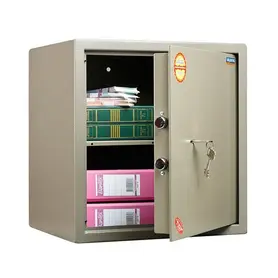 Отворен Метален сейф PMT 46 - сив, с отворена врата, пълен с калсьори