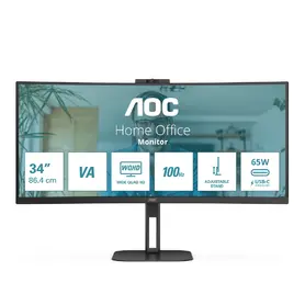 Монитор AOC CU34V5CW/BK, 34" Curved 1500R, VA, WLED, 3440x1440@100Hz, 4ms GtG, 1ms MPRT, 300cd m/2, 3000:1, 20M:1 DCR, Adaptive Sync, FreeSync, Low Blue Light, 5Wx2, 2MP Webcam, Tilt, Height Adjust, Swivel, HDMI, DP, USB hub