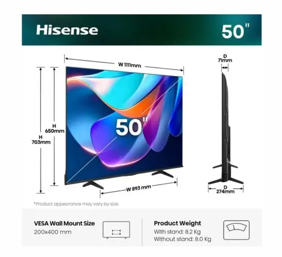 Телевизор Hisense 50" A6S, 4K Ultra HD 3840x2160, DLED, DFA, Precision Colour, HDR 10+, HLG, Dolby Vision,Light sensor, Smart TV, WiFi, BT, AnyView Cast, Gaming Mode, 1xHDMI2 eArc, 3xHDMI, 2xUSB, LAN, CI+, DVB-T2/C/S2, Black