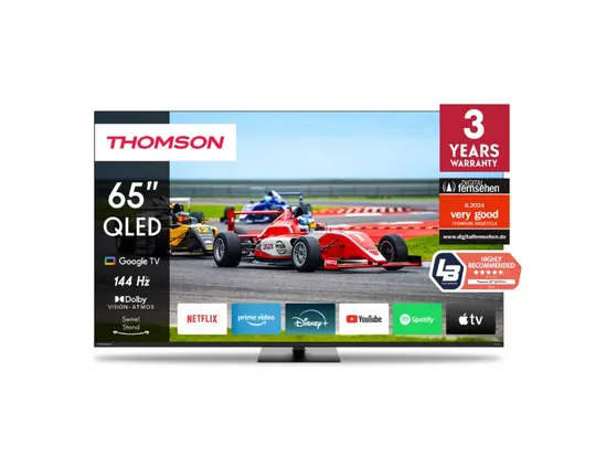 Телевизор Thomson Smart QLED Pro TV 65"; Google TV; 3840 x 2160 (4K UHD), DLED, 144 Hz, DVB-TT2CSS2, HDR10, Wi-Fi, Bluetooth, LAN, HDMI 4 (2.1), USB 2 (2.0) + 1 (3.0), Central Swivel Stand, Black