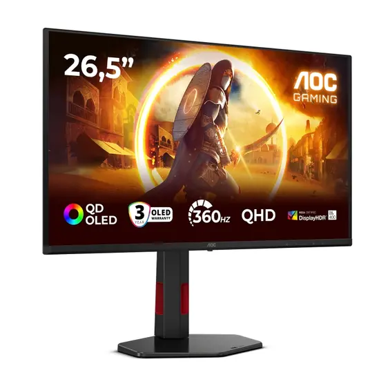 Монитор AOC Q27G4SDR, 26.5" QD-OLED, 2560x1440@360Hz, 0.03ms GtG, 1000cd m/2, 1.5M:1, Adaptive Sync, FlickerFree, Low Blue Light, Tilt, Height Adjust, Pivot, Swivel, 2xHDMI, DP, USB hub