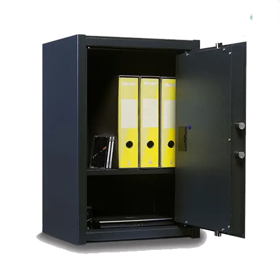 Метален сейф с ключ UNS A175, - черен, отворен, с наредени класьори вътре