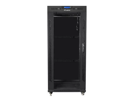 Комуникационен шкаф Lanberg rack cabinet 19' free-standing 27U  600x600 self-assembly flat pack with glass door LCD, black