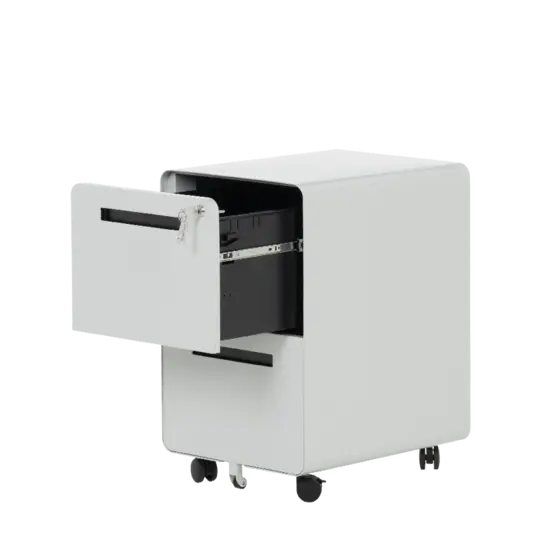 Метален контейнер K BTL с 2 чекмеджета, сив, сниман от десен ъгъл, с отворено горно чекмедже, празен