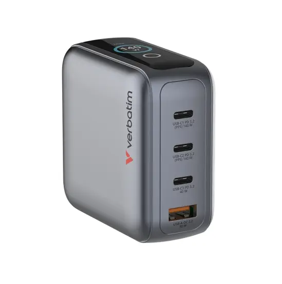 Зарядно устройство Verbatim Mini GaN Charger 140W with Display + 140W USB-C to USB-C Cable (Charger and Data transfer) Grey