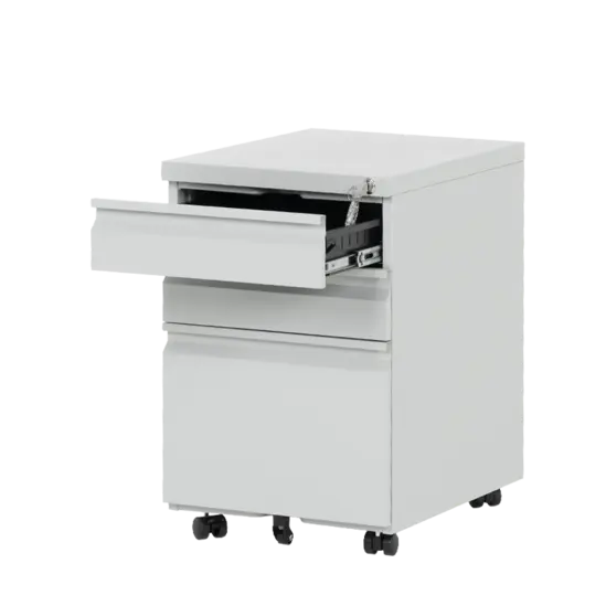 Метален контейнер K BTL с 3 чекмеджета - сив, с отворено горно чекмедже, празен, сниман от десен ъгъл