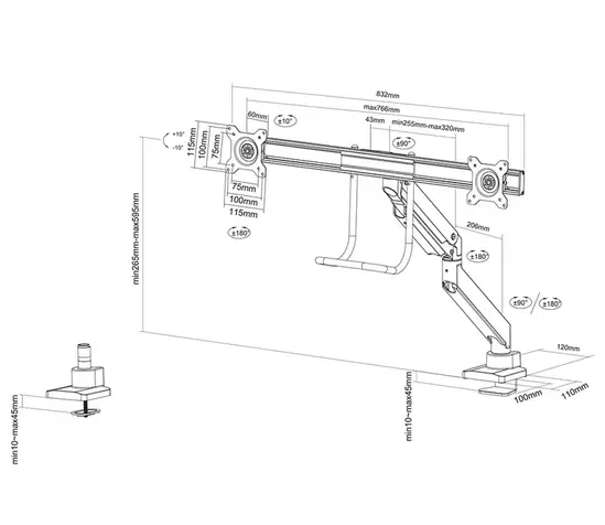 Стойка Neomounts Monitor arm 10-32" - gas spring - Topfix - 180°-stop
