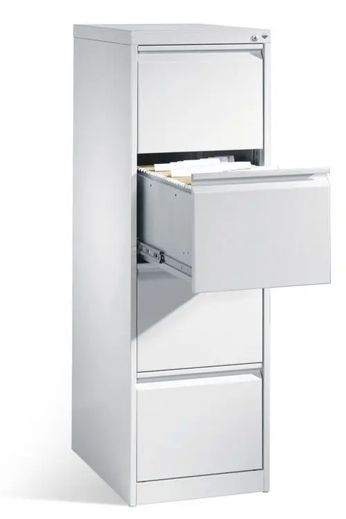 Метална картотека FRT с 4 чекмеджета - сива на цвят, снимана под ъгъл, с отворено 2-ро чекмедже, напълнено с папки