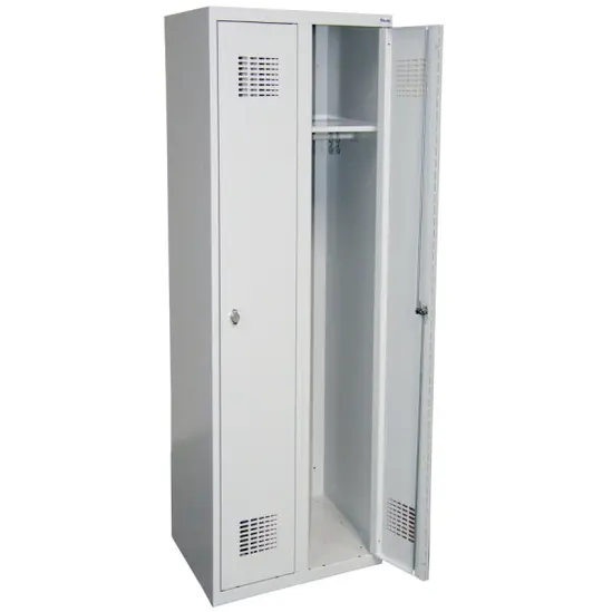 Метален гардероб FRT с 2 отделения 180х60х50 см - сниман отпред, дясната врата отворена, сив, празен