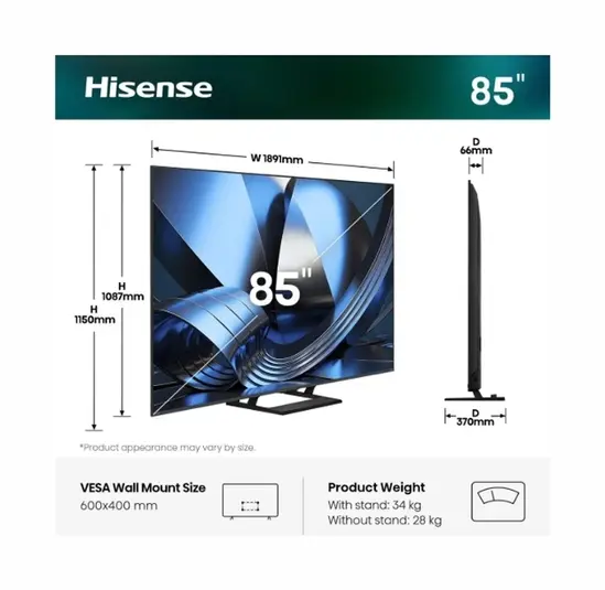 Телевизор Hisense 85"U7SE, 4K Ultra HD 3840x2160, ULED, FALD, Quantum Dot, 144Hz, IPS, HDR 10+, HLG, Dolby Vision IQ, Dolby Atmos, Smart TV, WiFi 5GHz, WiFi Direct, BT, Anyview Cast,light sensor, 4xHDMI, 2xUSB, LAN, CI+, DVB-T2/C/S2, Black