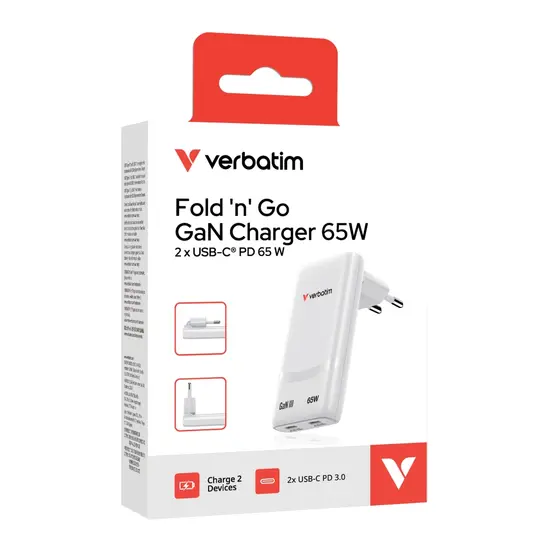 Зарядно устройство Verbatim Fold 'n' Go GaN Charger 65W EU plug White