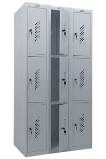 Метален гардероб PMT с 9 отделения 183х90х50 см - сниман отстрани, със средния ред врати отворени, празен, сив