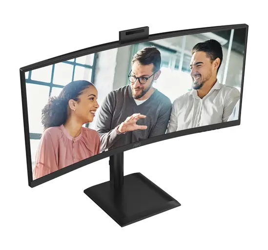 Монитор AOC CU34E4CW, 34" Curved 1500R, VA, WLED, 3440x1440@120Hz, 4ms GtG, 1ms MPRT, 350cd m/2, 3500:1, 50M:1 DCR, Adaptive Sync, FlickerFree, Anti-Blue Light, 5Wx2, Webcam 5MP, Tilt, Height Adjust, Swivel, 2xHDMI, DP, USB hub, KVM, RJ45