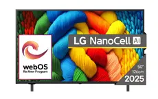 Телевизор LG 50NANO80A3B, 50" 4K HDR Smart Nano Cell TV, 3840x2160, DVB-T2CS2, AI Alpha 7, HDR 10 PRO, webOS 25, ThinQ AI, VRR, ALLM, HGiG, WiFi, Clear Voice, AI Upscaling, Bluetooth, Hdmi e-ARC , CI, LAN, AirPlay2, Chromecast, 2 Pole stand, Black