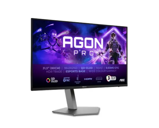 Монитор AOC AG326UD, 31.5" QD-OLED, 3840x2160@165Hz, 0.03GtG, 1000cd m/2, 1.5M:1, 80M:1 DCR, Adaptive Sync, FlickerFree, Low Blue Light, 8Wx2, Tilt, Height Adjust, Pivot, Swivel, 2xHDMI, DP, USB hub