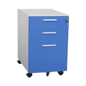 Метален контейнер LS BTL с 3 чекмеджетаж - сниман отстрани, син на цвят, със затворени чекмеджета