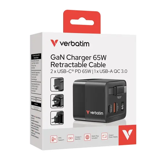 Зарядно устройство Verbatim Mini GaN Charger 65W 2 Port retractable cable display US plugs with EU and UK adaptors