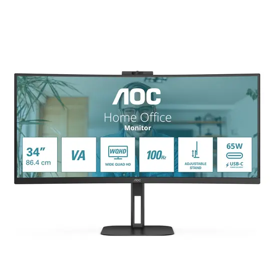 Монитор AOC CU34V5CW/BK, 34" Curved 1500R, VA, WLED, 3440x1440@100Hz, 4ms GtG, 1ms MPRT, 300cd m/2, 3000:1, 20M:1 DCR, Adaptive Sync, FreeSync, Low Blue Light, 5Wx2, 2MP Webcam, Tilt, Height Adjust, Swivel, HDMI, DP, USB hub