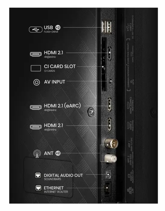 Телевизор Hisense 55" E7Q Pro, 4K Ultra HD 3840x2160, QLED, Quantum Dot, 144Hz, HDR 10+ adaptive, HLG, Dolby Vision, DTS Virtual X, Smart TV, WiFi 5GHz, WiFi Direct, BT, Anyview Cast, 3xHDMI, 2xUSB, LAN, CI+, DVB-T2CS2, Black