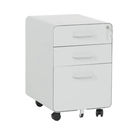 Метален контейнер A BTL с 3 чекмеджета- сиво, снимано от ляв ъгъл, със затворени чекмеджета