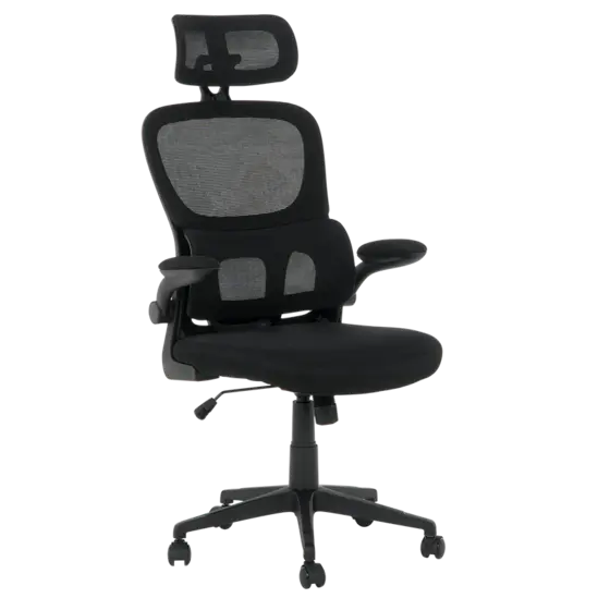 Директорски стол АТИЛА- снимка отпред, черна дамаска, черна мрежа