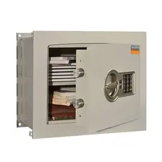 Метален сейф PMT за вграждане 22 EL - отворен сив, с папки вътре