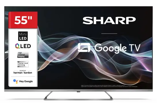Телевизор Sharp 55JP7265E, 55" QLED Mini led Google TV, 4K Ultra HD 3840x2160 Frameless, AQUOS, DVB-TT2CSS2, Active Motion 1000, HDR10, Dolby Atmos, Dolby Vision, Google Assistant, HARMANKARDON, HDMI 2.1 with eARC, 3.5mm Headphone jack  line-out, US