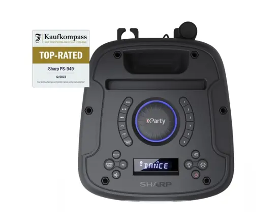 Тонколони Sharp Speakers PS-949, XPARTY STREET BEAT  2 x 8' woofers + horn tweeter, max power output 132 W, 12 h play time by built in battery, True wireless Stereo, USB Music playback and charging, DJ FX, BT 5.0, 2 x MicGuitar inputs, Splashproof (IPX4)