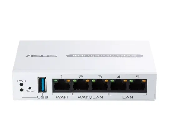 Рутер Asus Business Gigabit VPN wired router, ExpertWiFi EBG15, 1 gigabit WAN+2 gigabit WANLAN, USB port backups, Bluetooth® 3.0, SDN, customized guest portal, Commercial-Grade Network Security & VPN, wall mounting, White