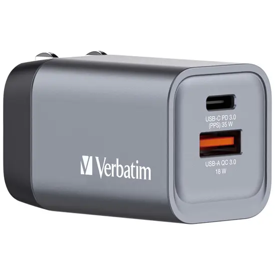 Зарядно устройство Verbatim GNC-35 GaN Charger 2 Port 35W USB AC (EUUKUS)