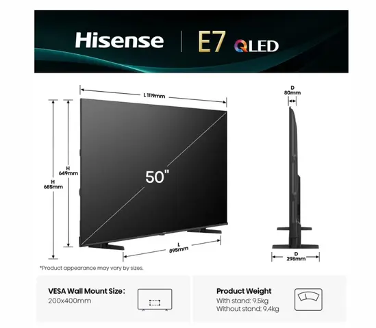 Телевизор Hisense 50' E7Q, 4K Ultra HD 3840x2160, QLED, Quantum Dot, HDR 10+, HLG, Dolby Vision, DTS Virtual X, Smart TV, WiFi, Light Sensor, BT, Anyview Cast, 3xHDMI, 2xUSB, LAN, CI+, DVB-T2CS2, Black