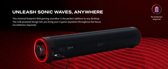 Тонколони Acer Nitro Gaming Soundbar,2 x 5W, BT, Dynamic 2.0 Stereo Sound USB-C (USB-C to USB-A cable included)  Bluetooth  Aux In (3.5mm)  Headphones out