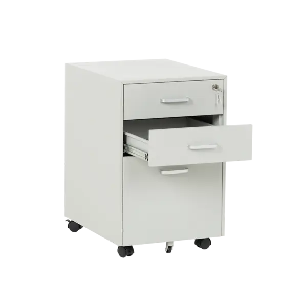 Метален контейнер J  BTL с 3 чекмеджета, с дръжки -  сив, сниман отпред, отворено средно чекмедже, празен