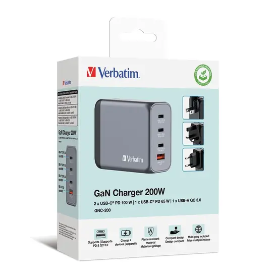 Зарядно устройство Verbatim GNC-200 GaN Charger 4 Port 200W USB AC (EUUKUS)