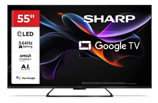 Телевизор Sharp 55HR7265E, 55" QLED  GOOGLE TV, 4K 144Hz Quantum Dot 3840x2160 Frameless, AQUOS AI, DVB-TT2CSS2, Active Motion 1400, HDR10, Dolby Atmos, Dolby Vision, DTS:X, Google Assistant, HDMI eARC, Mini CompositeCVBS + Audio input, USB, Wi-Fi, B
