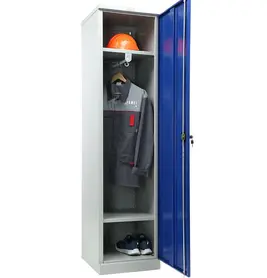 Метален шкаф за дрехи PMT 1947 - синя врата, 2 рафта, 3 отделения, напълнен с дрехи