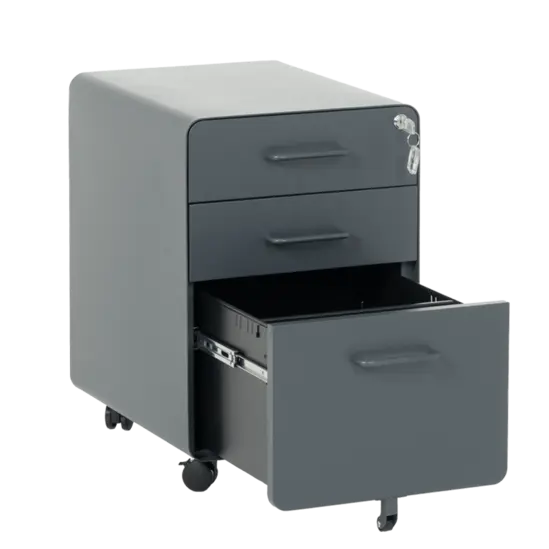 Метален контейнер A BTL с 3 чекмеджета - графит, снимано от ляв ъгъл, с отворено долно чекмедже, празен